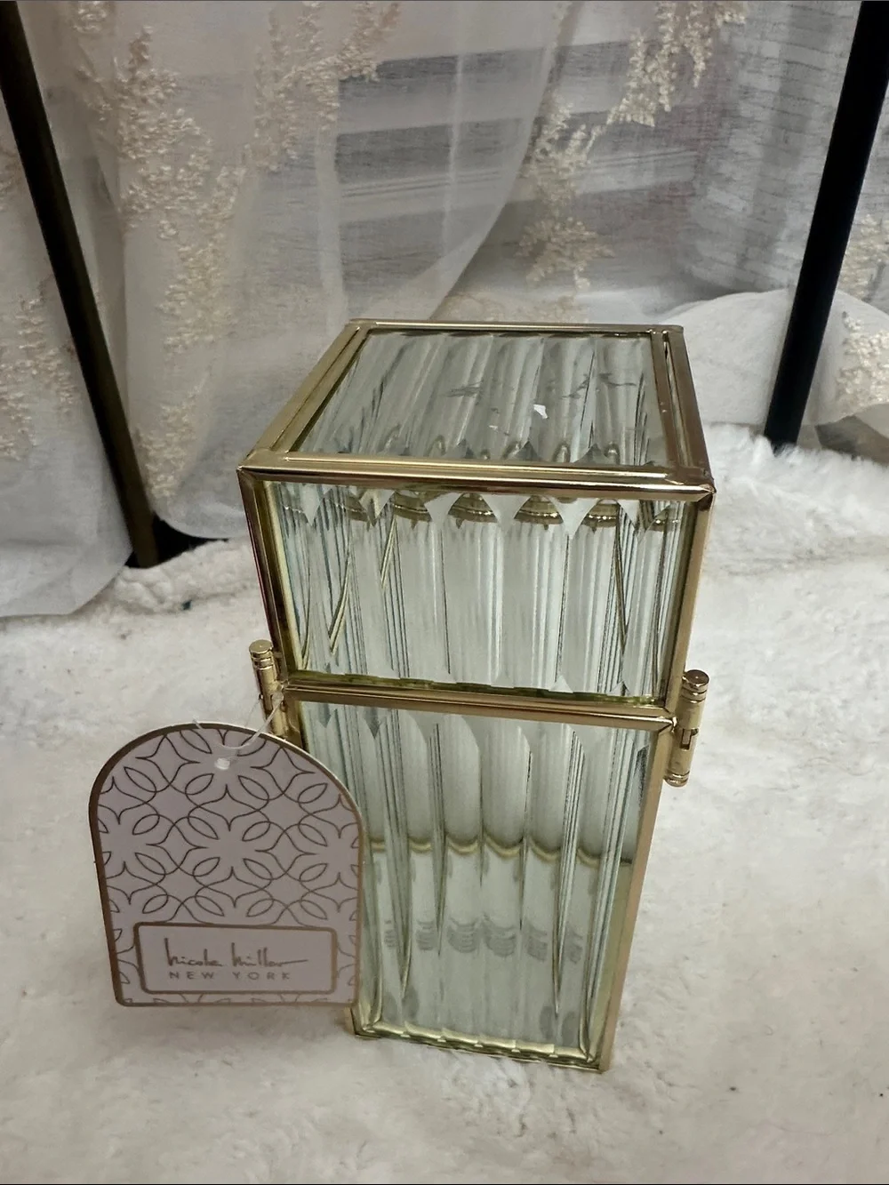 Nicole Miller make up brush glass container with gold bow